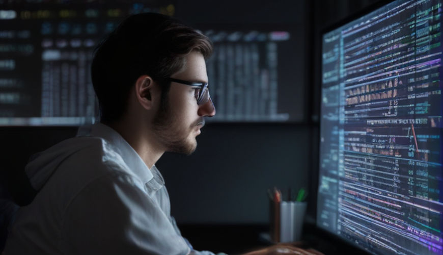 A developer is seen diligently working on a spacious monitor screen, which illuminates with intricate lines of programming code.