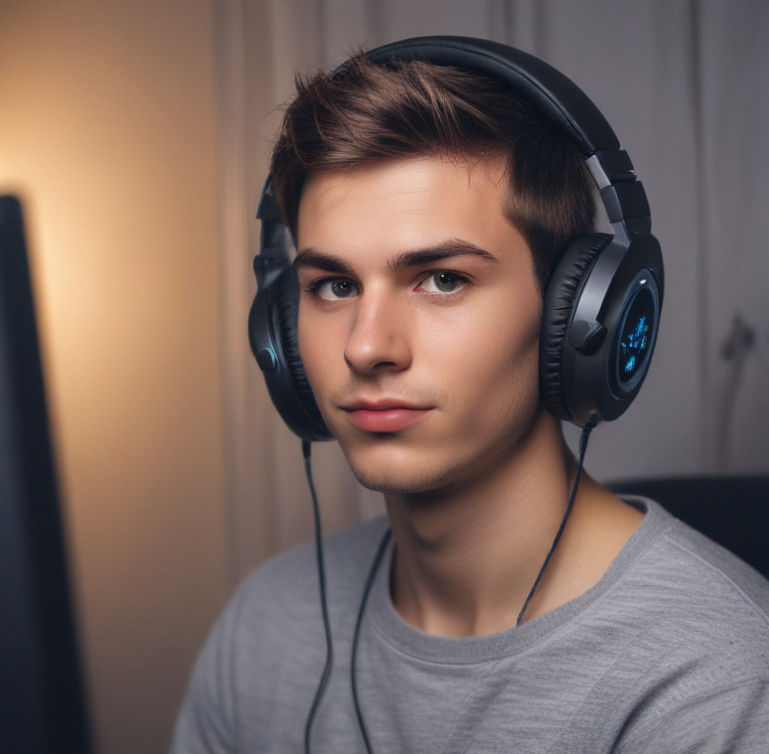 A young man wearing gamer headphones while on his gaming PC.