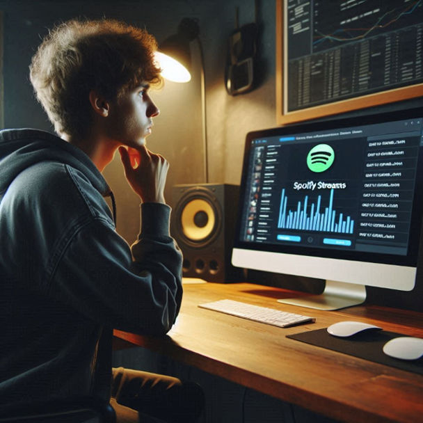 A young music artist in a home studio, analyzing Spotify stream metrics on a high-tech computer screen.