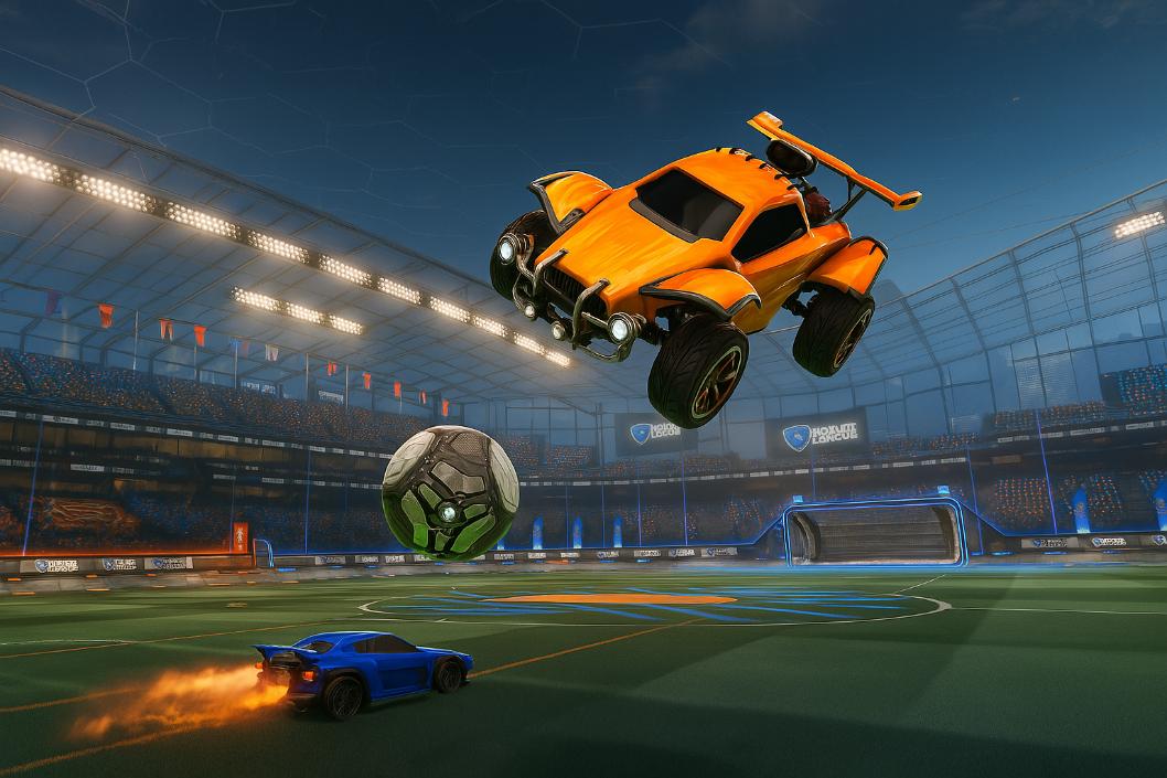 Futuristic Rocket League arena showing two rocket cars battling mid-air.