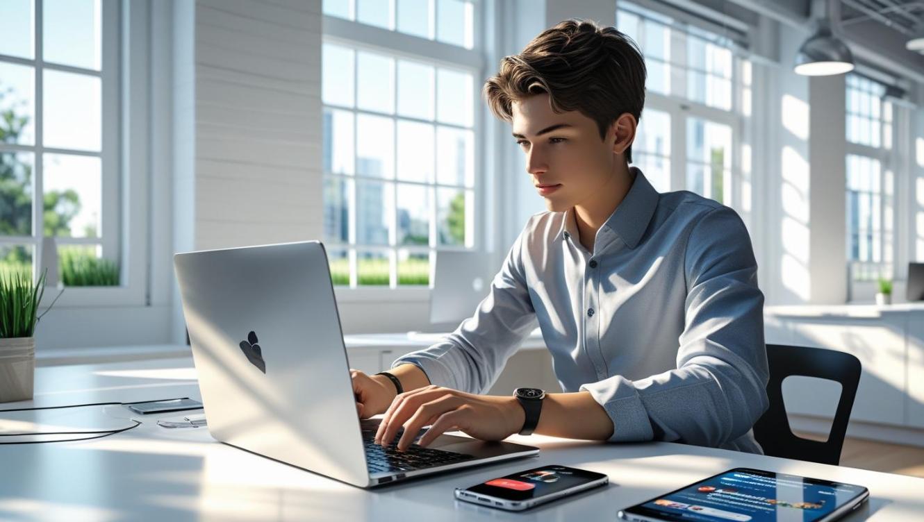 Young professional checks social media stats on laptop in bright modern office.