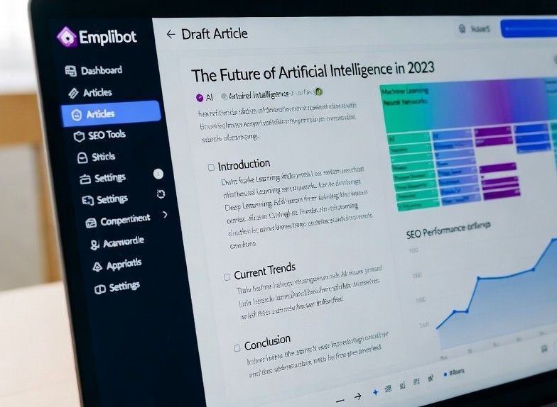 Close-up of a laptop screen showing Emplibot interface