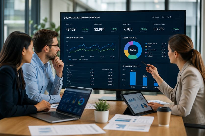 marketing professionals reviewing customer engagement data